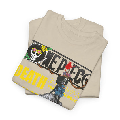 Premium beige graphic tee featuring a striking 'One Piece' design with bold artwork of a character, highlighted with vibrant green, yellow, and red accents, ideal for anime fans.