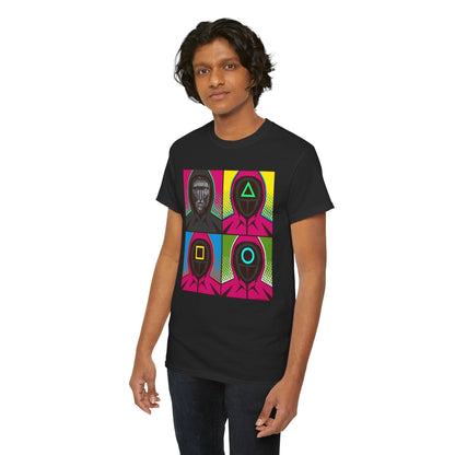 Stylish Squid Game Pop Art Unisex T-Shirt displayed on a male model, highlighting captivating pop art graphics of iconic character masks.