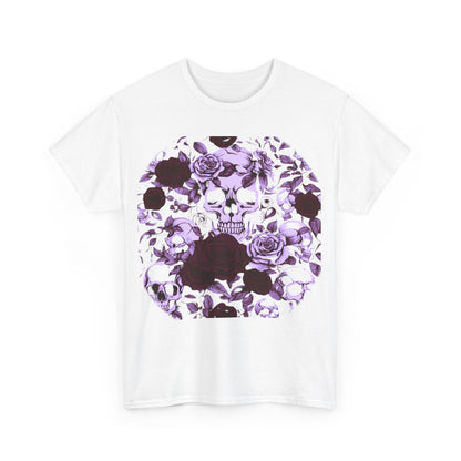 Front view of the Skulls and Roses Cotton Tee, elegantly displaying a stunning graphic of skulls and roses in purple tones, perfect for stylish casual wear.