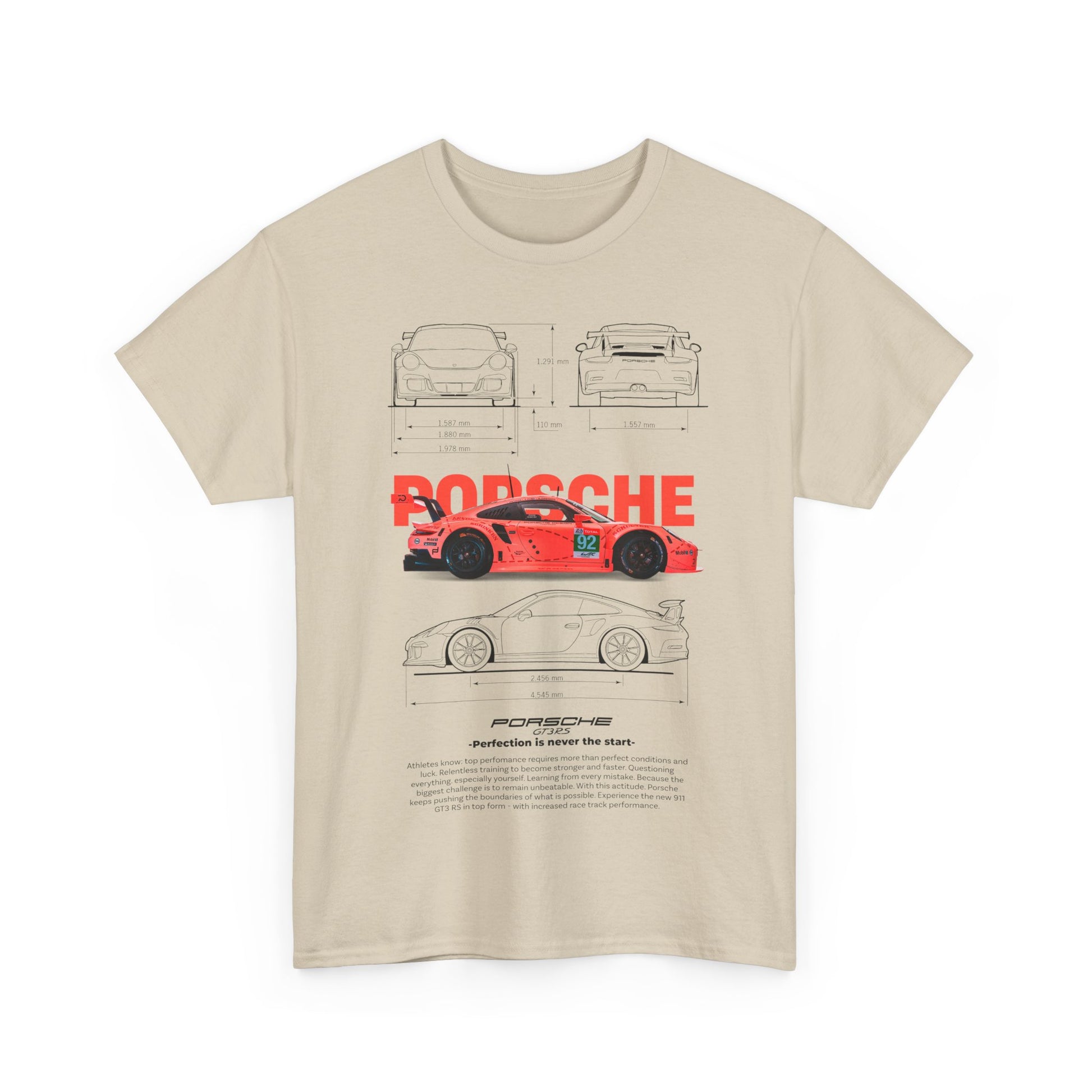 Chic beige graphic t-shirt presenting a striking red Porsche GT3RS alongside detailed sketches, blending style with automotive passion.