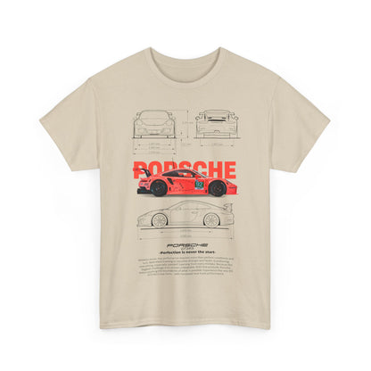 Chic beige graphic t-shirt presenting a striking red Porsche GT3RS alongside detailed sketches, blending style with automotive passion.