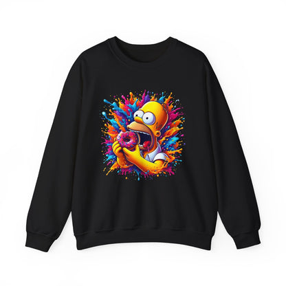 Elevate your wardrobe with the Simpsons Homer Donut Unisex Sweatshirt Urban Homer’s Hungry Delight. This luxurious black sweatshirt features a vibrant graphic design of Homer Simpson mid-bite, capturing his playful essence and love for donuts, surrounded by a splash of vivid colours. Ideal for fans seeking comfortable, stylish pop culture apparel.