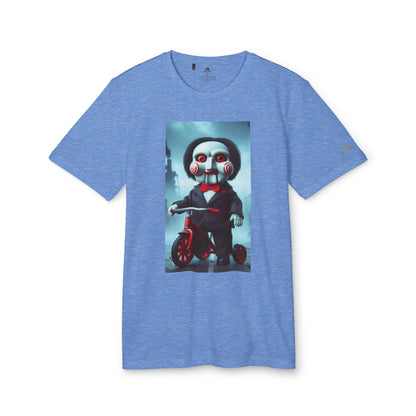 Adidas Unisex Halloween Jigsaw Cute T-shirt in blue featuring a playful Jigsaw character, perfect for a stylish Halloween look.