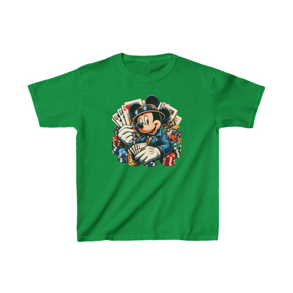 Luxurious Child's Mickey Mouse Poker Unisex Graphic Tee Shirt in vibrant green showcasing Mickey Mouse as a suave poker player surrounded by poker chips and cards.