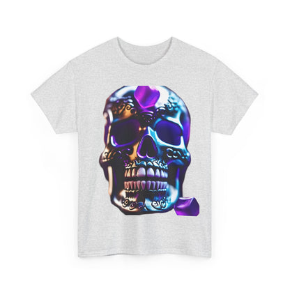 Demon Skull Graphic T-Shirt showcasing a vibrant and intricately designed skull with decorative elements, perfect for urban streetwear enthusiasts. Experience the luxurious comfort of high-quality cotton with this unique unisex tee.