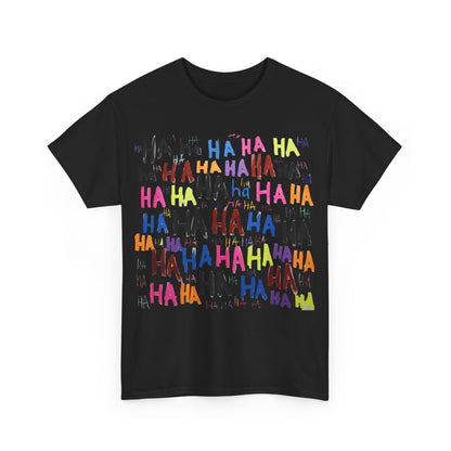 Vibrant HAHA Graphic Unisex T-Shirt featuring a bold and playful design with the word 'HAHA' in an array of vibrant colours against a luxurious black background.