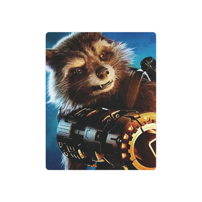 Sophisticated Marvel Guardians of the Galaxy Rocket Metal Art Poster featuring Rocket Raccoon with vibrant colours and intricate detailing, perfect for adding a touch of cosmic elegance to any space.