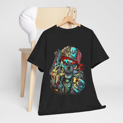 Elegant presentation of a black t-shirt featuring a striking skull design, complete with a vibrant cap, displayed on a minimalist wooden chair.