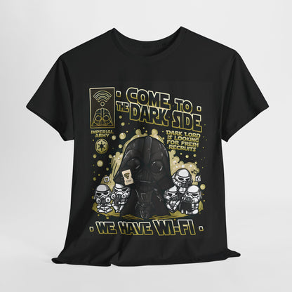 Come to the dark side Star Wars Graphic T-Shirt featuring a luxurious chibi-style illustration of Darth Vader with Stormtroopers, adorned with whimsical designs and gold accents, perfect for Urban Unisex fashion.