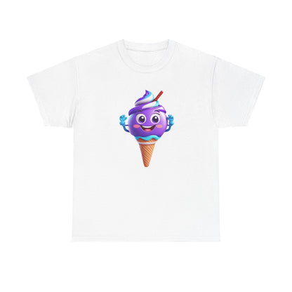 Scoop of Joy: Cartoon Ice Cream Cone Character Tee in elegant white cotton, showcasing a cheerful ice cream character design that embodies joy and style, ideal for casual luxury.