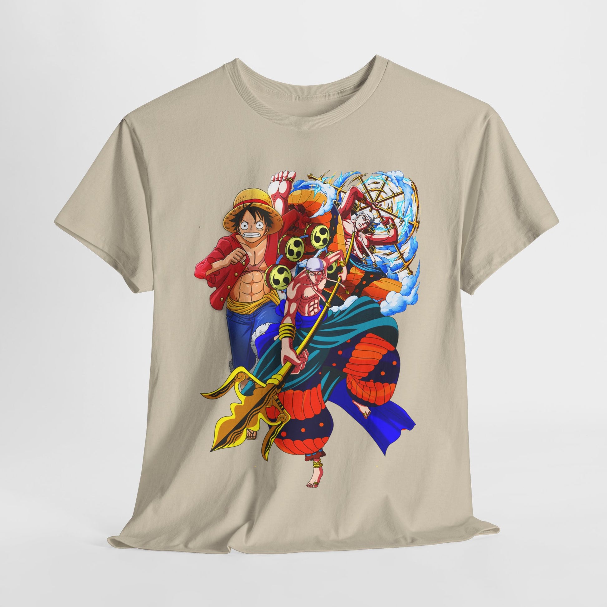 Luxurious men's t-shirt showcasing vibrant anime art featuring dynamic characters, ideal for trendsetting anime enthusiasts.