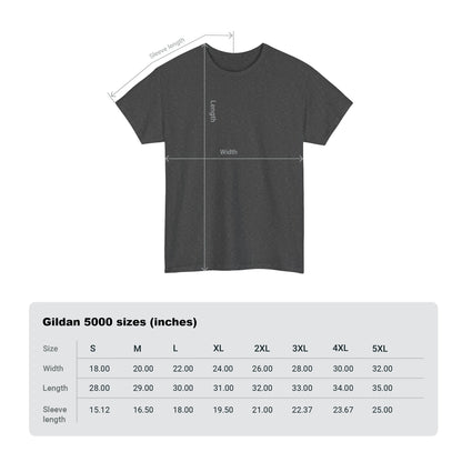 Size guide dimensions for unisex t-shirt, showcasing length and width measurements in inches.