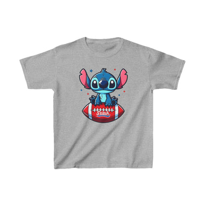 Unisex Kids Stitch Cotton T-Shirt Tee in grey, adorned with an enchanting Stitch design on a football, merging comfort and whimsical artistry.