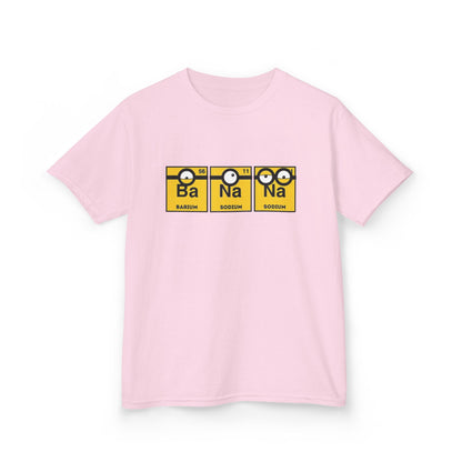 A close-up of a pink Minions Kids T-Shirt displaying a humorous periodic table graphic with Barium and Sodium. This fun and quirky T-shirt is perfect for kids who enjoy science and the Minions, combining style and learning. T Shirt, Funny, Minions.