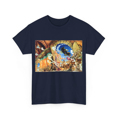 Front view of a stylish Discworld Small Gods Graphic Unisex T-Shirt featuring a stunning illustration inspired by the book, showcasing vibrant artistry.