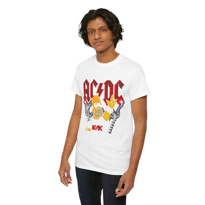 A model showcasing the Homer Rock & Roll Unisex Cotton Tee featuring a playful Homer Simpson graphic with AC/DC references, perfect for music enthusiasts.