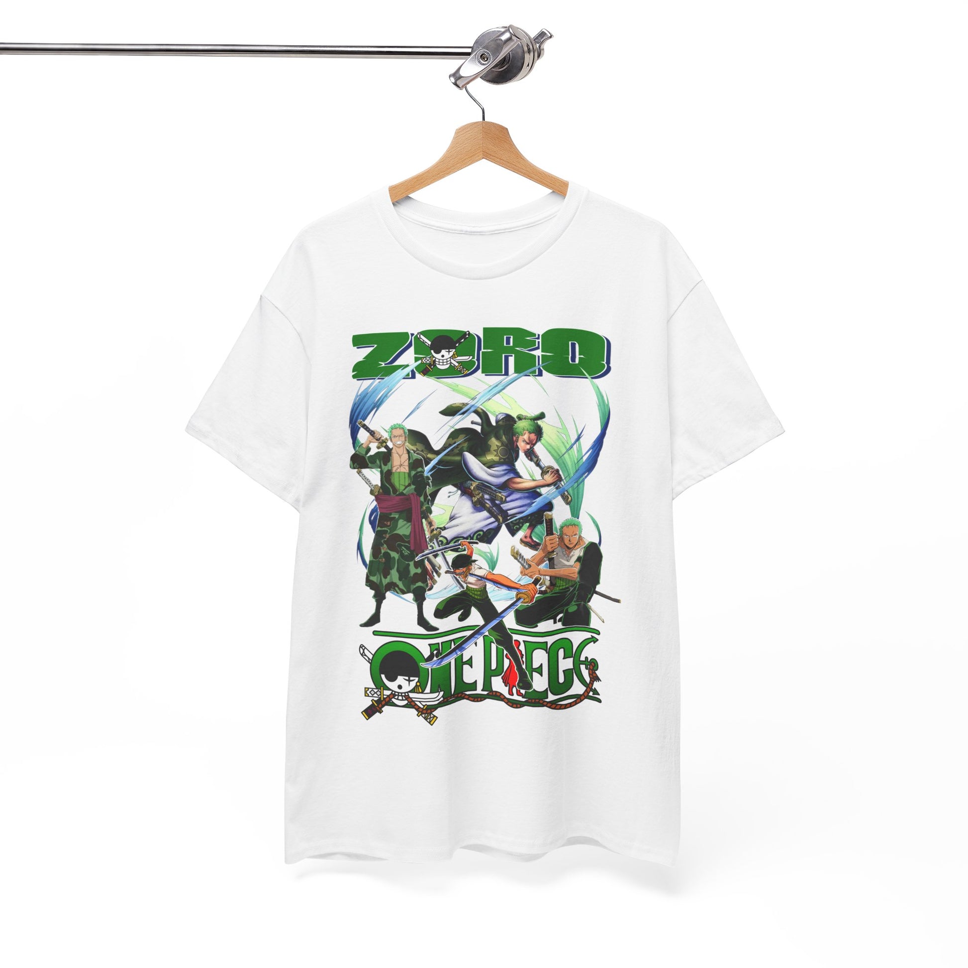 Stunning front view of the One Piece Zoro graphic t-shirt, highlighting its artistic print and premium fabric, elegantly showcased with a stylish wooden hanger.