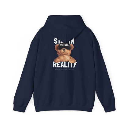 Sophisticated navy hoodie adorned with a charming VR teddy bear and striking text, perfect for modern adventurers.