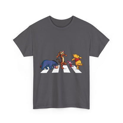 Front view of the Pooh and Friends Abbey Road Graphic T-Shirt featuring iconic characters from Winnie the Pooh, perfectly blending whimsy with urban fashion.