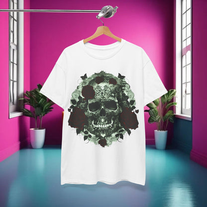 The Skulls and Roses Cotton Tee displayed elegantly in a vibrant setting, highlighting its unique skull and rose graphic, perfect for alternative fashion lovers.