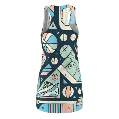 Close-up of Valentina Sartoria Racerback Dress showcasing its playful sporty pattern and soft pastel colours perfect for casual summer outings.