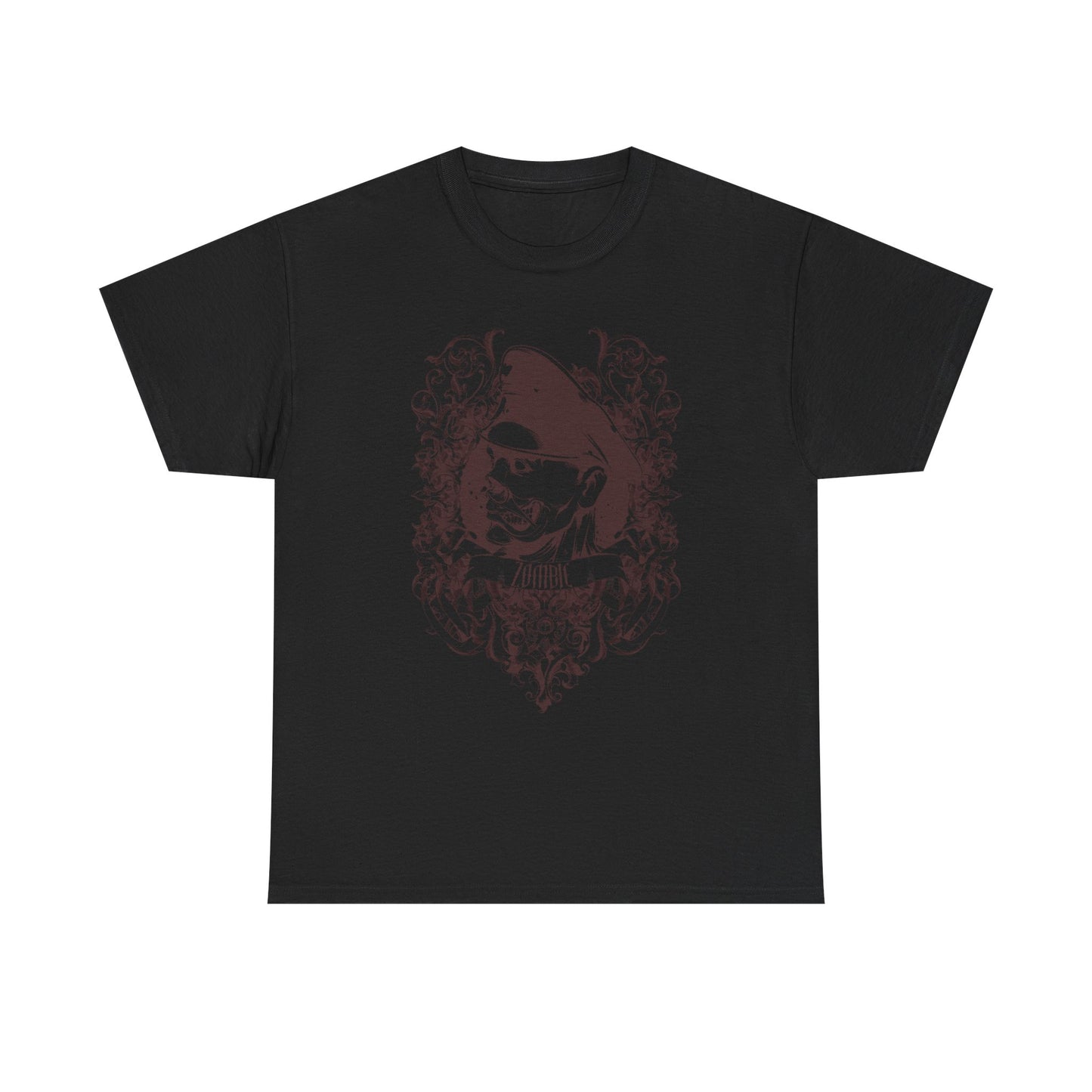 Men's Luxury Zombie Graphic T-Shirt in Black featuring a deep red Baroque-inspired graphic of a skull, combining elegance with a fierce aesthetic.