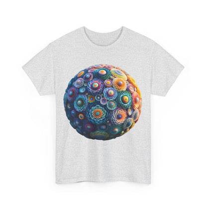 Front view of the Iridescent Floral Sphere Unisex Cotton Tee Graphic T Shirt in light grey, highlighting a stunning iridescent floral sphere design.