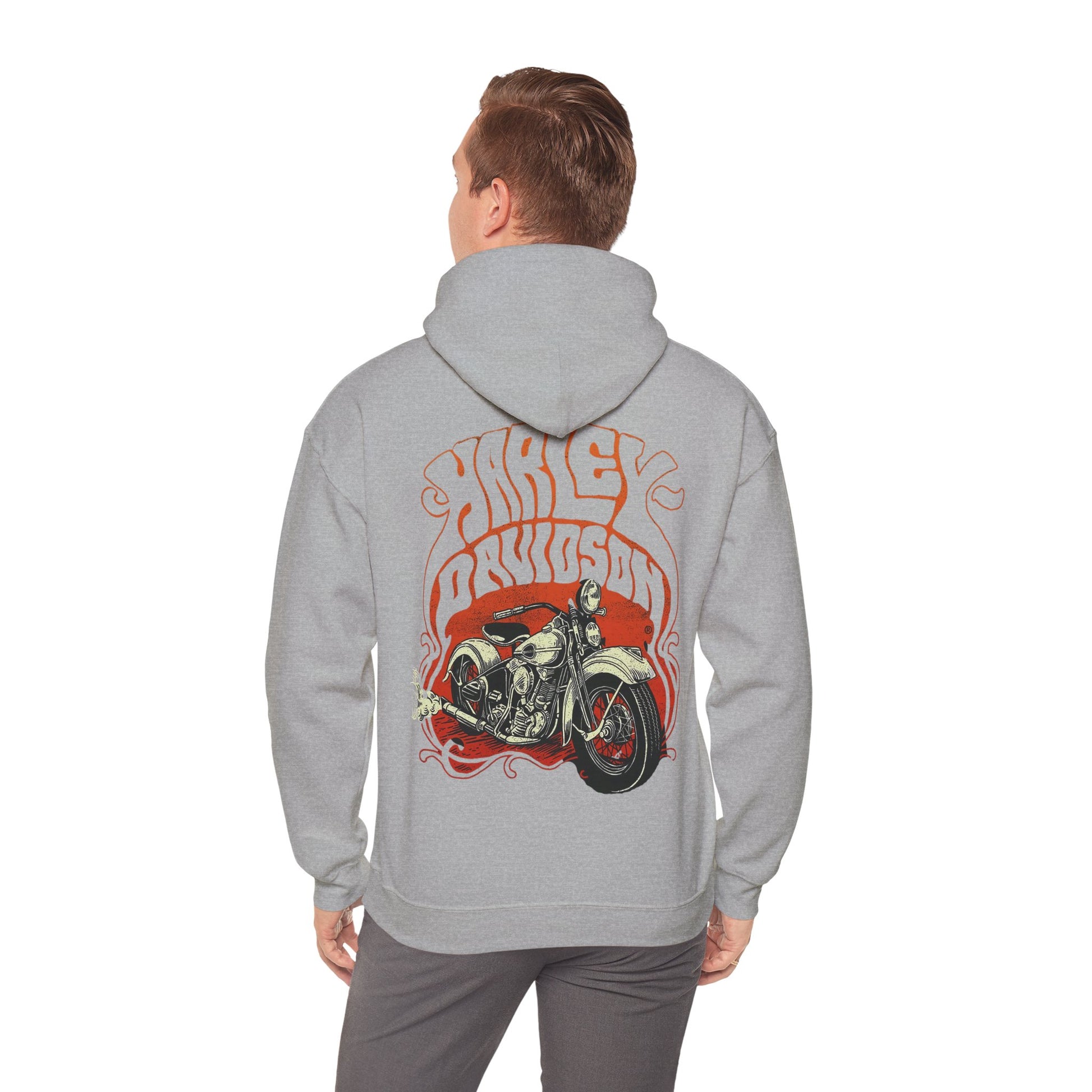 Back view of a stylish grey Harley Davidson hoodie featuring striking vintage motorcycle graphics, evoking a sense of adventure and boldness.