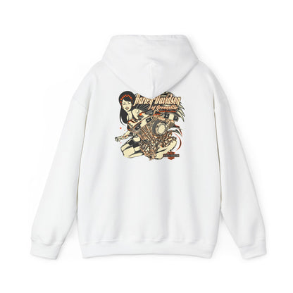 Elegant Harley-Davidson back print hoodie showcasing a vintage-inspired illustration of a motorcycle engine and a chic lady in a striking copper palette on a white background.