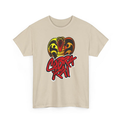 Stylish unisex Cobra Kai T-shirt featuring a vivid graphic of a coiled snake and logo, ideal for casual and fashionable outings.