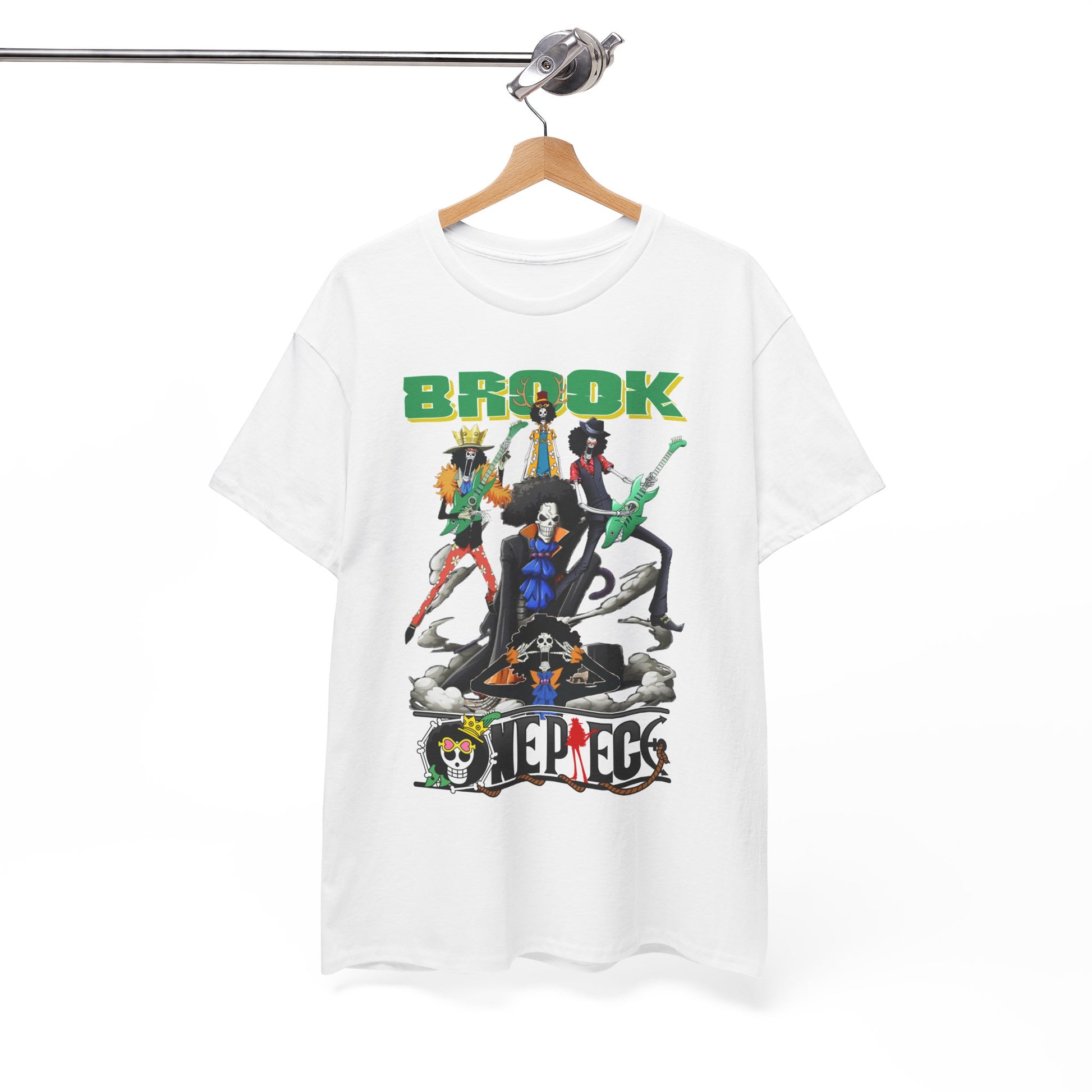 Stylishly hung t-shirt displaying a vibrant anime graphic design with musical themes, emphasizing bold character illustrations and luxurious attention to detail.