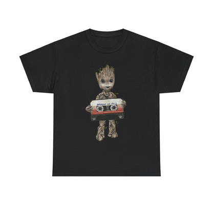 Baby Groot Awesome Mixtape Unisex Men’s Women’s Graphic T Shirt Tee featuring an artistic depiction of Baby Groot holding a vintage cassette tape, perfect for pop culture enthusiasts.