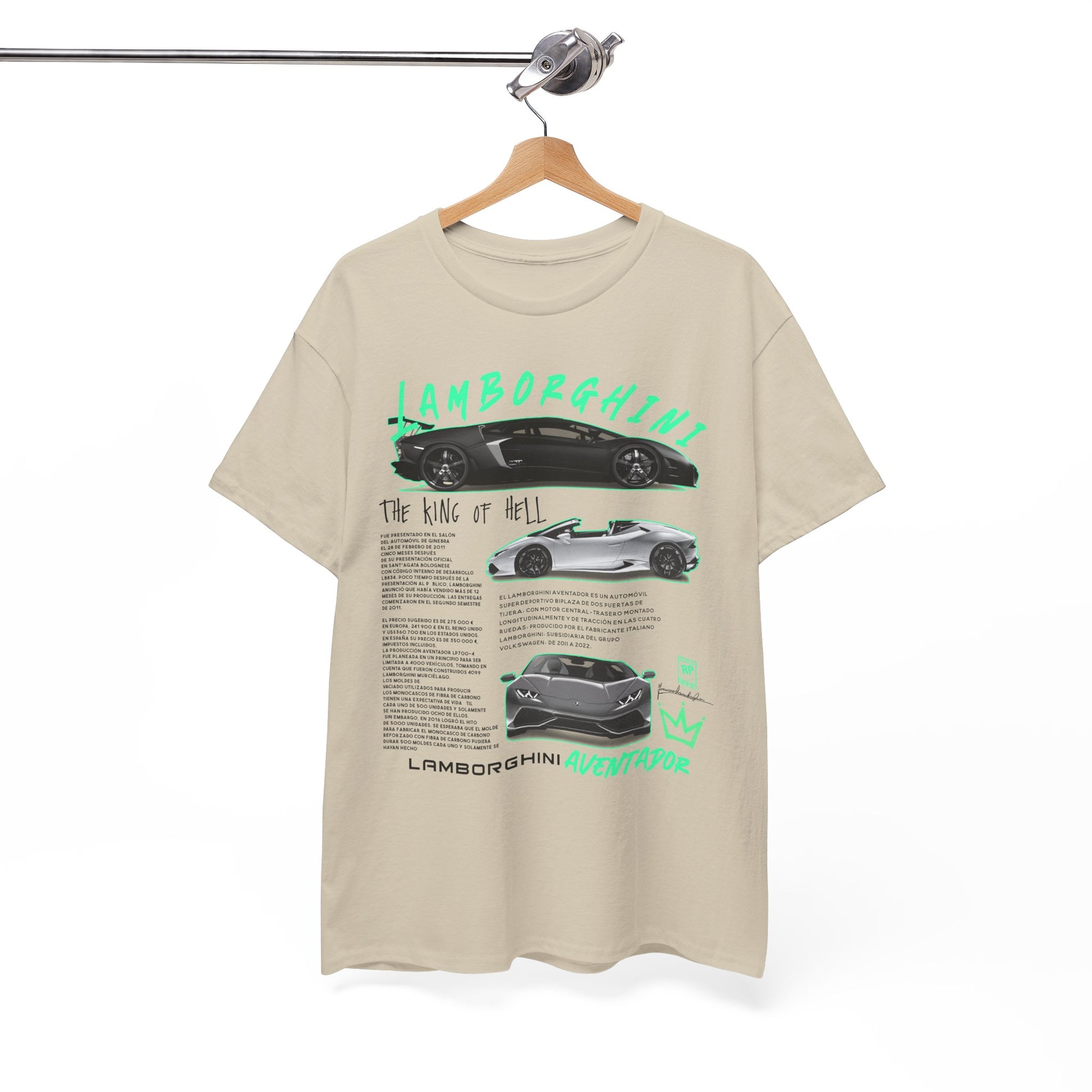 Stylish Lamborghini Aventador T-Shirt on a wooden hanger, featuring elegant car illustrations and captivating typography, ideal for a luxurious casual look.
