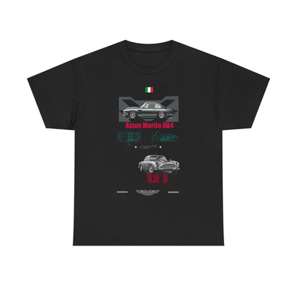 Chic black men's t-shirt displaying a bold Aston Martin DB4 graphic with detailed engine sketches, exuding automotive elegance.