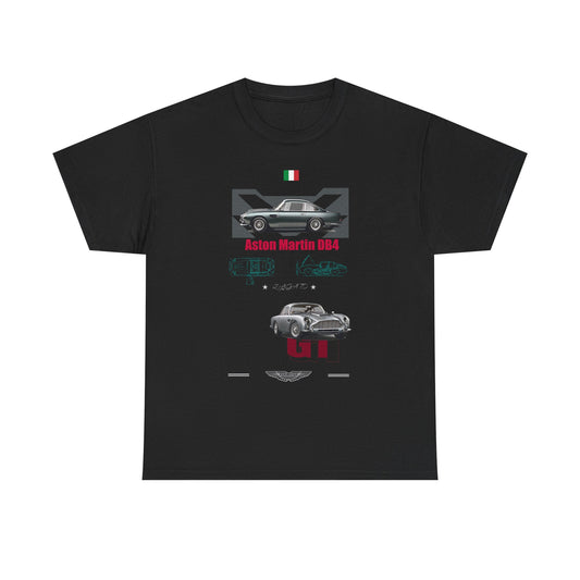 Luxurious black men's t-shirt featuring a graphic of the Aston Martin DB4, showcasing detailed engine drawings and bold typography in pinkish-red text.