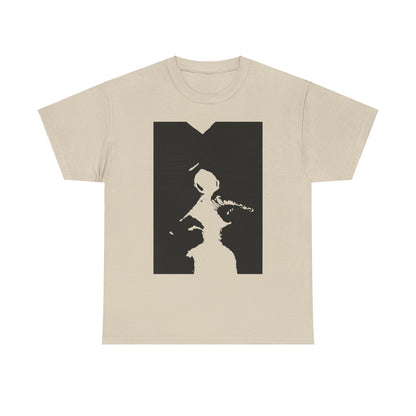 Elegant unisex graphic tee in beige, displaying an artistic black and white design portraying intertwined abstract figures, perfect for sophisticated casual wear and stylish expression.