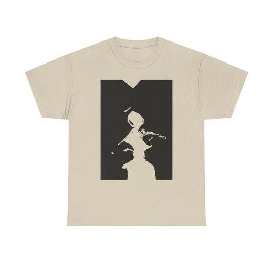 Elegant unisex graphic tee in beige, displaying an artistic black and white design portraying intertwined abstract figures, perfect for sophisticated casual wear and stylish expression.