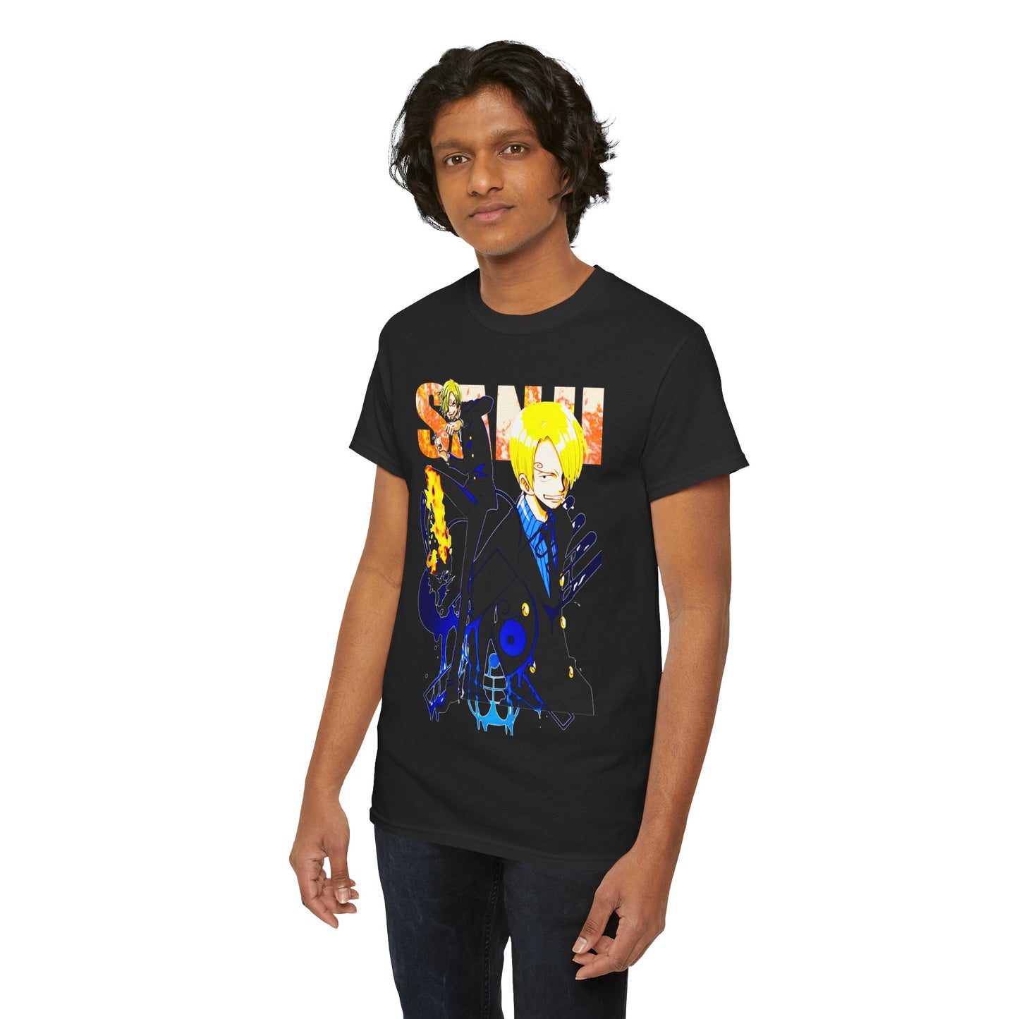 Stylish anime-themed black t-shirt showcasing a character with a playful expression, capturing the essence of contemporary fashion infused with anime culture.