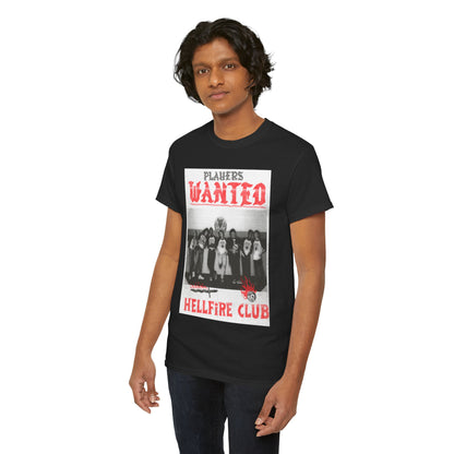 Fashionable black T-shirt worn by a male model, showcasing the distinguished 'Players Wanted' graphic inspired by the Hellfire Club, ideal for stylish fans of the series.