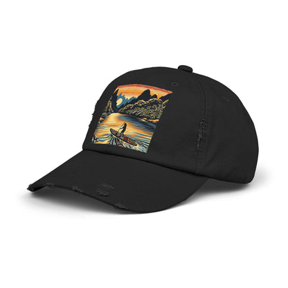 Unisex Distressed Paddleboarders Cap with Fantasy Design in black, displaying an elegant sunset paddleboarding scene, designed for chic water adventures.