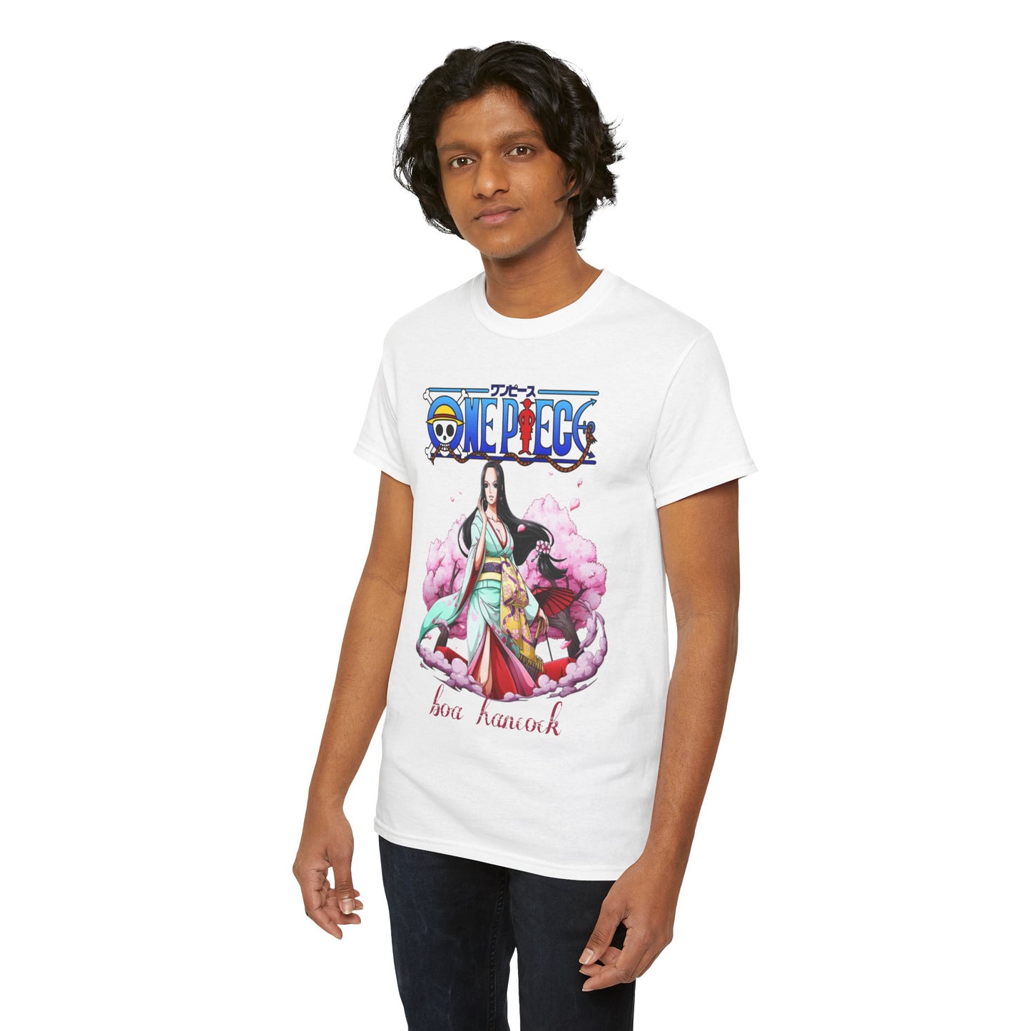 A handsome model dressed in a premium t-shirt adorned with a vibrant depiction of Boa Hancock from 'ONE PIECE', highlighting luxurious graphic artistry.