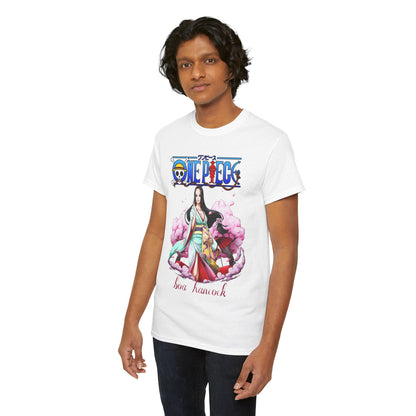 A handsome model dressed in a premium t-shirt adorned with a vibrant depiction of Boa Hancock from 'ONE PIECE', highlighting luxurious graphic artistry.