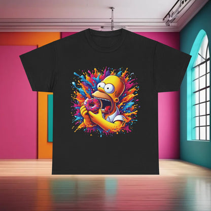 Simpsons Homer Donut Graphic T-Shirt in luxurious black, featuring a vibrant design of Homer Simpson delighting in a donut, perfect for urban fashion enthusiasts.