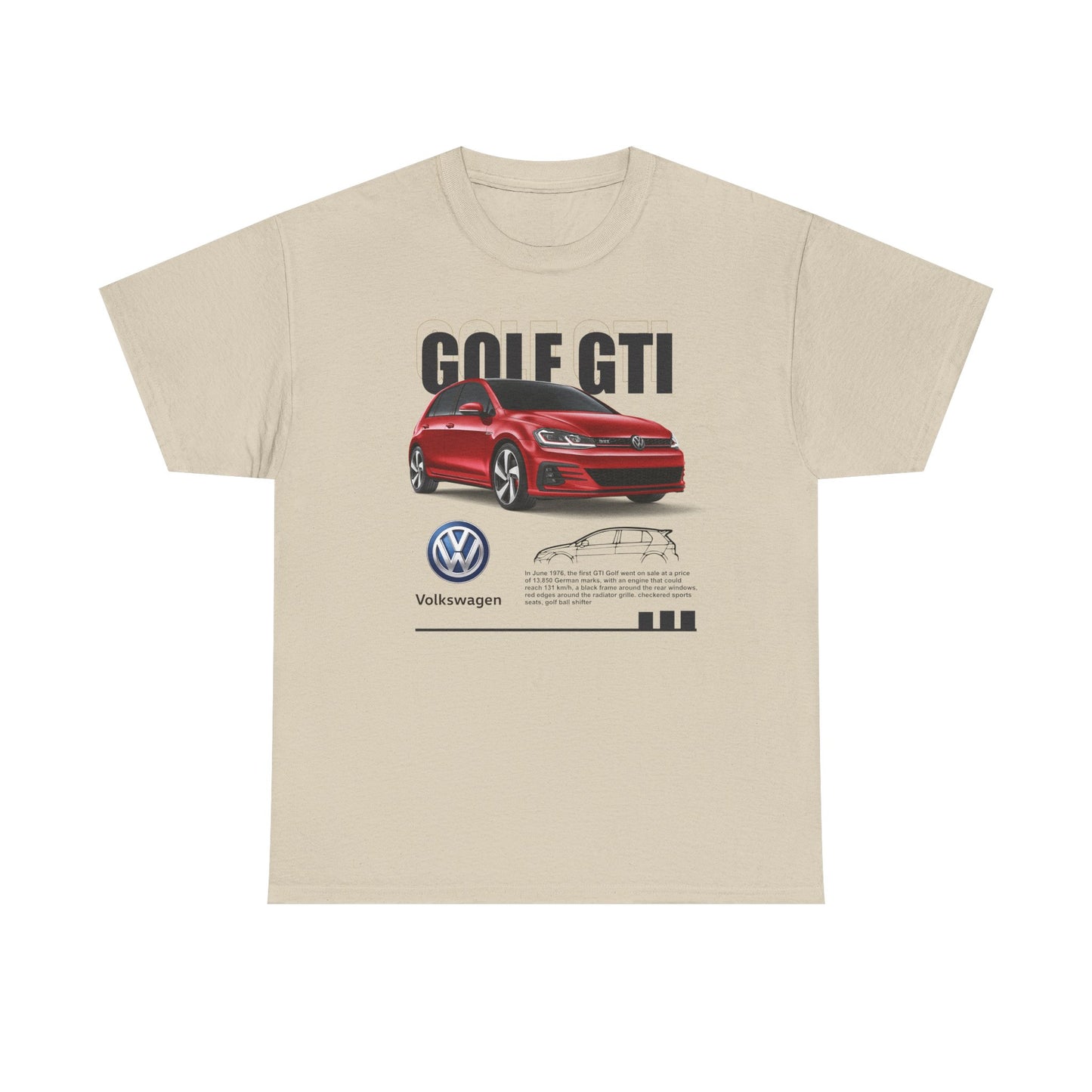 Stylish men's Volkswagen Golf GTI T-shirt in beige with an eye-catching red Golf GTI illustration and Volkswagen branding, designed for discerning car aficionados.