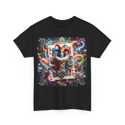 Harlequin Playing Card Graphic Tee for Unisex - Stylish black t-shirt showcasing a vibrant harlequin playing card graphic.