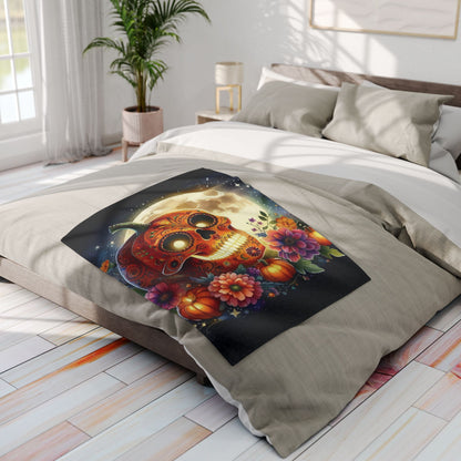 Luxurious Decorative and Warm Halloween Spooky Arctic Fleece Blanket featuring vibrant sugar skull and floral designs on a stylish bed, perfect for autumn decor.