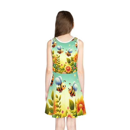 Back view of Sophie Bellaire Girls Vibrant Cartoon Garden Sundress with Dancing Bumblebees, presenting a delightful cartoon garden design with cheerful bumblebees, ideal for creating a stylish summer look.