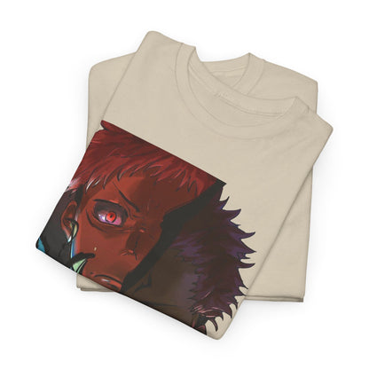 Folded luxurious beige Ryomen Sukuna anime graphic t-shirt, showcasing bold character artwork, ideal for stylish casual wear.