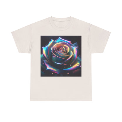 Ethereal Rose Tee Unisex Cotton Graphic T Shirt illustrating an exquisite rose motif with radiant colours, designed on a soft light fabric.