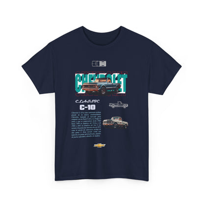Stylish front view of the Classic Chevrolet C-10 t-shirt featuring a striking graphic design, perfect for connoisseurs of vintage automotive apparel.